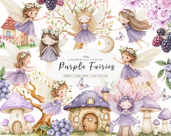 Watercolor magical garden purple fairies clipart Bundle, Nature Cute magical forest fairy first birthday png, Fairytale fantasy fairy house
