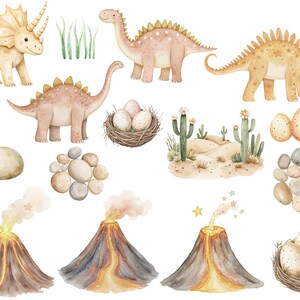 May include: Watercolor illustrations of dinosaurs, eggs, and volcanoes. The dinosaurs are a pink and yellow triceratops, a brown and pink stegosaurus, and a yellow and brown brachiosaurus. There are also illustrations of rocks, grass, and cacti.