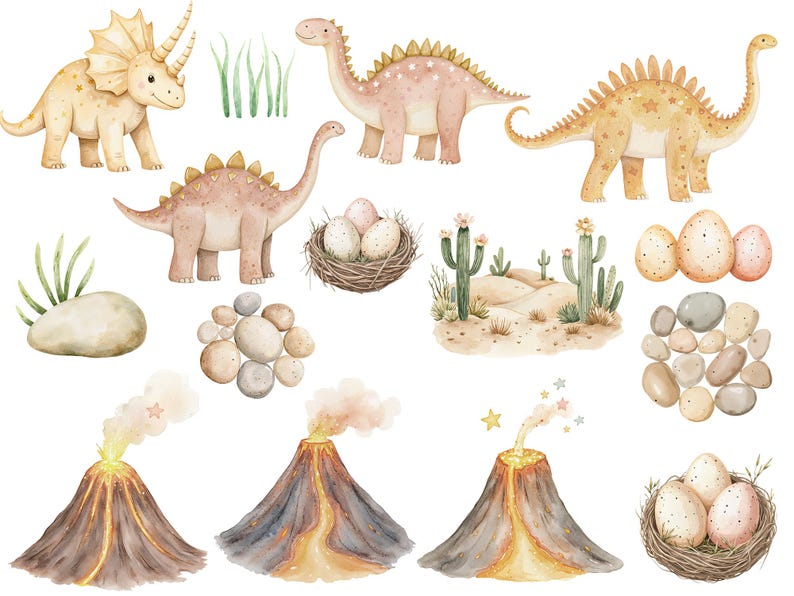 May include: Watercolor illustrations of dinosaurs, eggs, and volcanoes. The dinosaurs are a pink and yellow triceratops, a brown and pink stegosaurus, and a yellow and brown brachiosaurus. There are also illustrations of rocks, grass, and cacti.