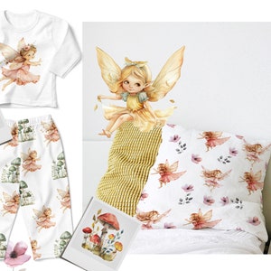 May include: A white onesie with a watercolor illustration of a fairy with wings and a flower crown. The onesie has a matching pair of pants with a repeating pattern of fairies, mushrooms, and flowers.