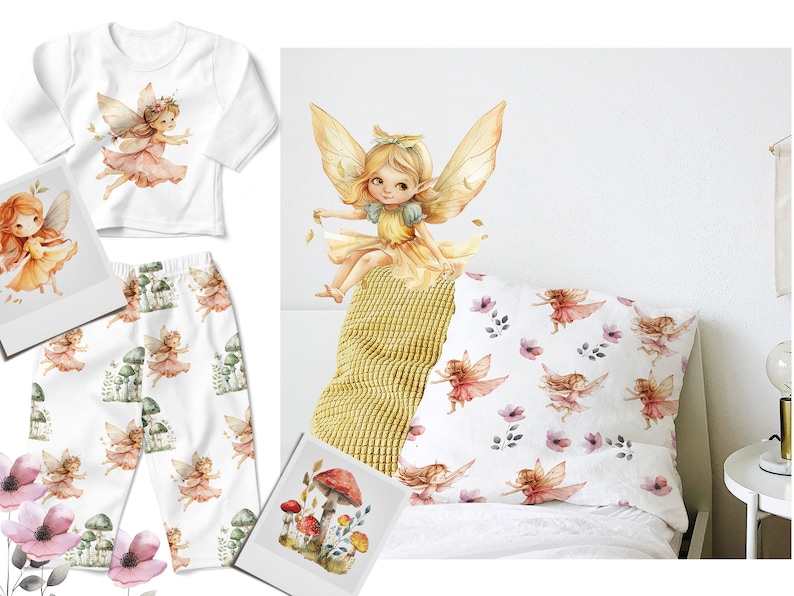 May include: A white onesie with a watercolor illustration of a fairy with wings and a flower crown. The onesie has a matching pair of pants with a repeating pattern of fairies, mushrooms, and flowers.