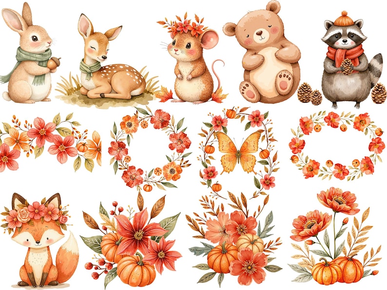 Watercolor Magical Autumn Fairy Garden Clipart Bundle ✨
Beautiful bohemian fall clipart with pumpkins, flowers, fairies, and cute animals. Perfect for birthday invitations, printable stickers, digital planners, scrapbooking, and DIY projects. High-quality PNG files with transparent background. Instant digital download for your creative ideas