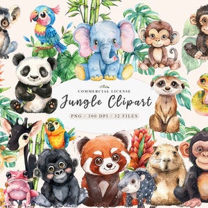 Watercolor jungle animals clipart, Safari animal png, Baby safari png, Elephant clipart, Watercolor safari, cute giraffe, monkey, clipart