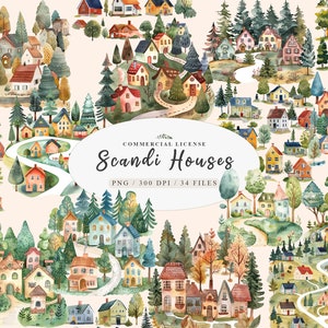 Clipart di casa nordica con acquerello scandinavo, png di arte popolare di casa di design svedese, progetti di case scandinave, png di casa nordica kawaii