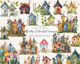 Quirky houses clipart, Quirky houses, Scandinavian house, Whimsical houses, Watercolor house clipart, Fairy house, Free commercial use
