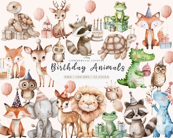 Birthday Baby Animal clipart, Birthday animals png, Party Animals clipart, Neutral baby clipart, Baby Girl Birthday Png, Cute little animal