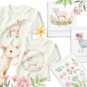 Puede incluir: Dos camisas blancas de manga larga con ilustraciones de acuarela de corderos y flores. Una camisa presenta un solo cordero con una corona de flores alrededor, mientras que la otra camisa presenta un cordero con una corona de flores.