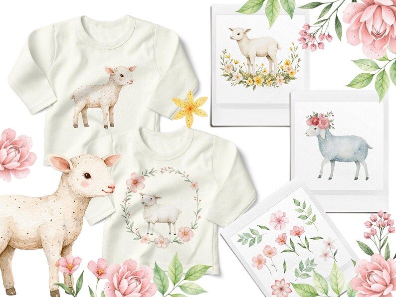 Puede incluir: Dos camisas blancas de manga larga con ilustraciones de acuarela de corderos y flores. Una camisa presenta un solo cordero con una corona de flores alrededor, mientras que la otra camisa presenta un cordero con una corona de flores.