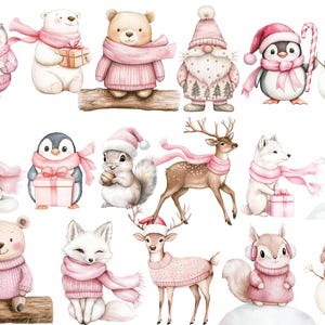 Pink trendy Christmas clipart bundle featuring Santa, boho blush woodland animals, and winter wreaths. Perfect for digital planners, printable stickers, invitations, and more. High-quality PNGs for instant download — ideal for holiday crafts, scrapbooking, and creative projects. Digital product only.