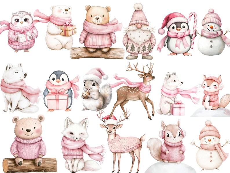 Pink trendy Christmas clipart bundle featuring Santa, boho blush woodland animals, and winter wreaths. Perfect for digital planners, printable stickers, invitations, and more. High-quality PNGs for instant download — ideal for holiday crafts, scrapbooking, and creative projects. Digital product only.