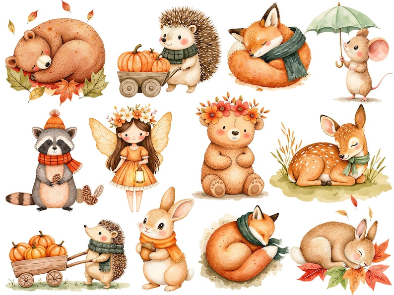 Watercolor Magical Autumn Fairy Garden Clipart Bundle ✨
Beautiful bohemian fall clipart with pumpkins, flowers, fairies, and cute animals. Perfect for birthday invitations, printable stickers, digital planners, scrapbooking, and DIY projects. High-quality PNG files with transparent background. Instant digital download for your creative ideas