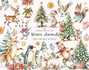 Paquete de imágenes prediseñadas de animales del Ártico del país de las maravillas invernal: oso polar, reno, pingüino, lindas ilustraciones del bosque, imágenes prediseñadas de animales del Ártico caprichosos