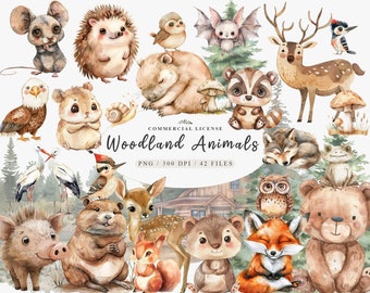 Watercolor Boho Forest Animal Clipart Bundle for Baby Shower and Nursery, Adorable woodland baby animals clipart, Forest baby clipart