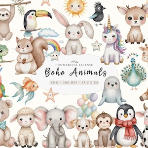 Grazioso piccolo pacchetto di clipart di animali della giungla e del bosco Boho, PNG di animali della foresta della giungla neutri, clipart di piccoli animali carini