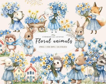 Woodland spring floral cute animal clipart, Spring garden creatures png, Woodland Boho baby animal clipart, Fairy garden house clipart