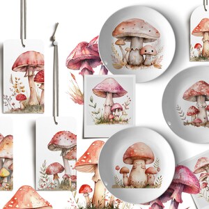 May include: A set of watercolor illustrations featuring red and white mushrooms with white spots. The illustrations are on white backgrounds and are perfect for creating cards, invitations, or other paper crafts.