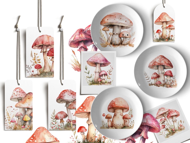 May include: A set of watercolor illustrations featuring red and white mushrooms with white spots. The illustrations are on white backgrounds and are perfect for creating cards, invitations, or other paper crafts.