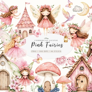 Aquarel magische tuin roze feeën clipart, schattige natuur feeën bos verjaardagsbundel voor fantasie illustraties, roze sprookjeshuis