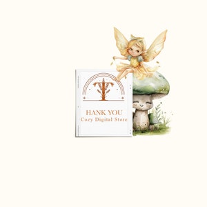 May include: A watercolor illustration of a fairy sitting on a mushroom. The fairy has yellow wings and a yellow dress. The mushroom is green and brown. The text "THANK YOU Cozy Digital Store" is on a white card.