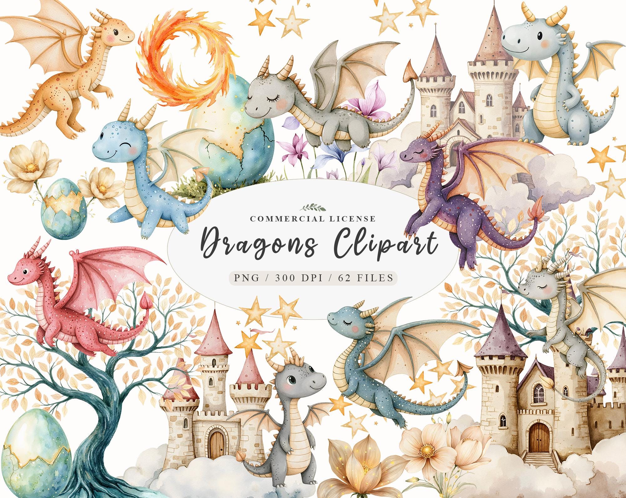 Watercolor cute baby Dragon kingdom drawings png, Magical dragon png bundle, Dragon egg fairy castle clipart, Fairy tale dragon clipart