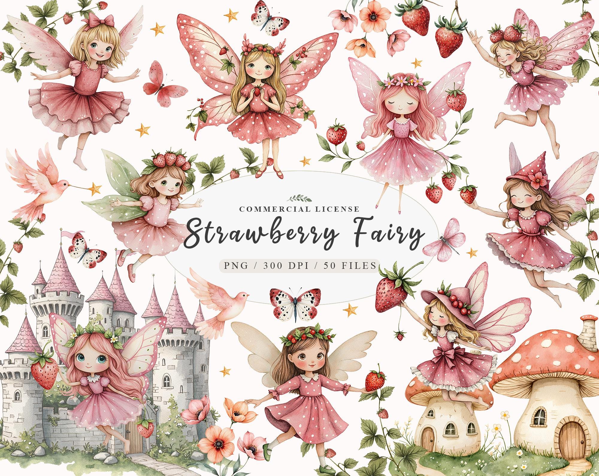 Spring Strawberry Fairy garden clipart Bundle, Magical Fairy clipart, Enchanted garden Strawberry Princess png, Fairy clipart