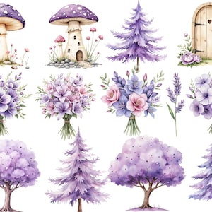 Watercolor Magical Garden Purple Fairies Clipart Bundle, Cute Forest ...