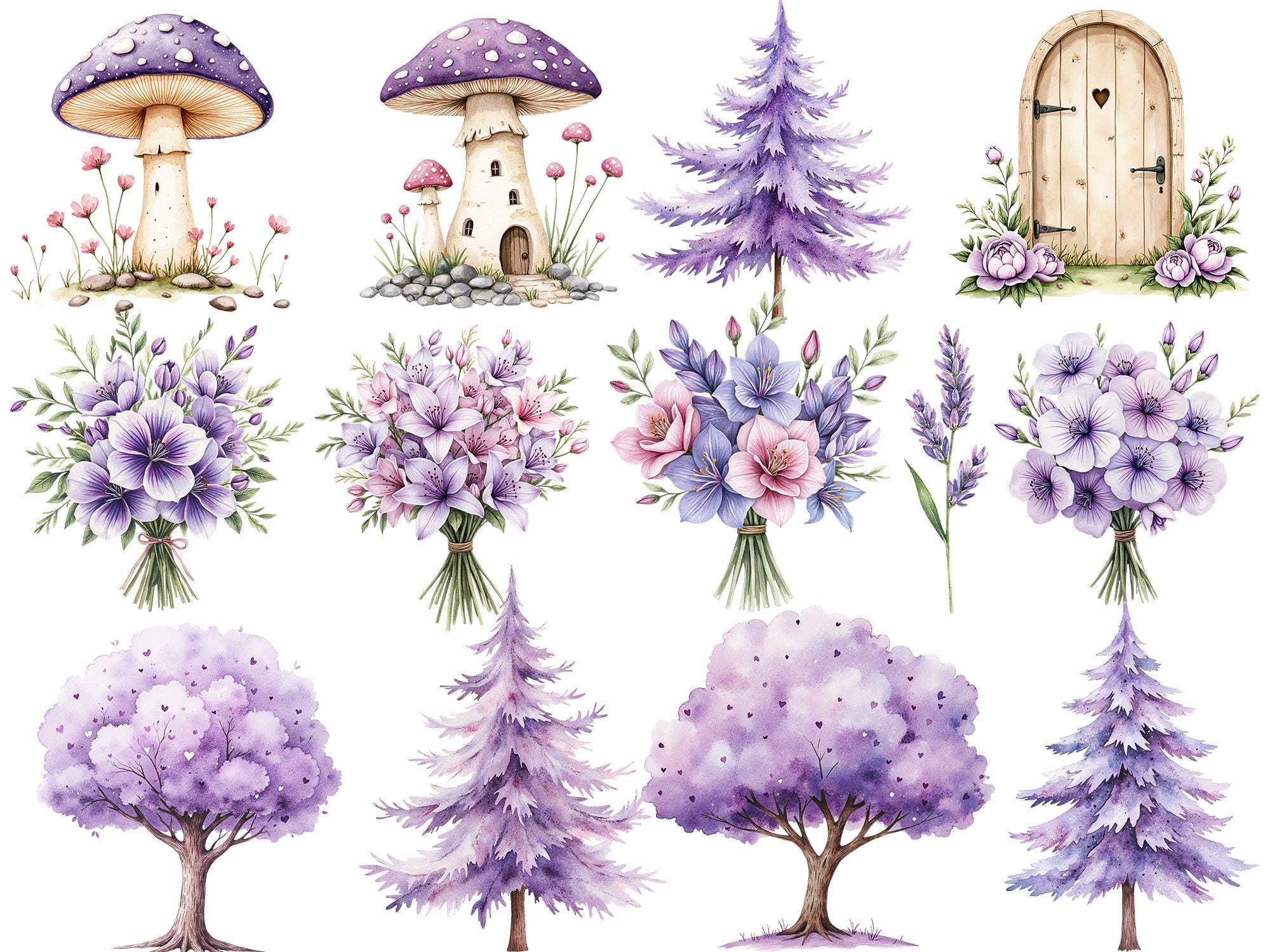 Watercolor Magical Garden Purple Fairies Clipart Bundle, Cute Forest ...