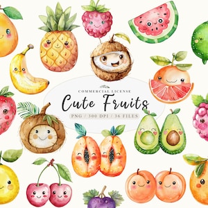 Clipart di frutta carina, clipart di frutta kawaii, personaggi di frutta png, clipart di frutta divertente, facce esotiche png Frutti tropicali acquerellati png