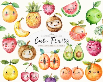 Cute Fruit Clipart, Kawaii fruits clipart, Fruit Characters png, Funny Fruit Clip Art, Exotic Faces png Watercolor Tropical Fruits png