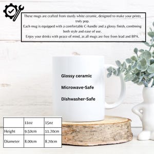 May include: A white ceramic mug with a C-handle, labeled "Glossy ceramic," "Microwave-Safe," and "Dishwasher-Safe." The mug is 9.50cm high with an 8.00cm diameter. The text on the mug says it is free from lead and BPA.