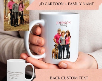 Custom Mug Cartoon Portrait from Photo, personalized with name and text, unique keepsake for birthdays or special gifts