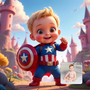 Portrait im Pixar-Stil – personalisierte digitale Babyillustration vom Foto, einzigartiges Superhelden- oder Prinzessinnengeschenk für Kinder