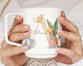 Custom Kids Mug with Jungle Animals, Colorful Safari Design Coffee Cup for Children, Perfect Birthday Gift for Little Adventurers