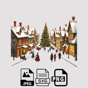 Christmas Town Clipart Festive Holiday Village Scene PNG, SVG, JPEG Digital Art Winter Town for Cards, Invitations, Crafts, and Projects