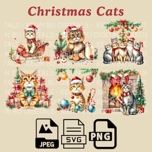 Kerst katten clipartbundel feestelijke kat illustraties in PNG, SVG, JPEG vakantie katten digitale kunst schattige kerst katten voor ambachten, kaarten