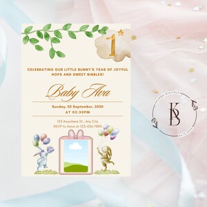 Rabbit theme 1st Birthday Invitation Bunny Birthday Animal Birthday Invitation Yellow Digital Editable Template5x7 Vertical