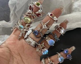 Y2k Kristall ringe Kpop Herz verstellbarer Ring unregelmäßige Geometrie Punk Vintage Ringe für Frauen Mädchen