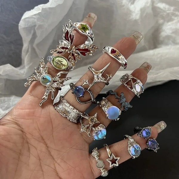 Y2k Kristall ringe Kpop Herz verstellbarer Ring unregelmäßige Geometrie Punk Vintage Ringe für Frauen Mädchen