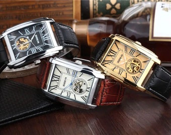 Montre Homme Vintage Old Money Chiffres Romains Rectangulaire