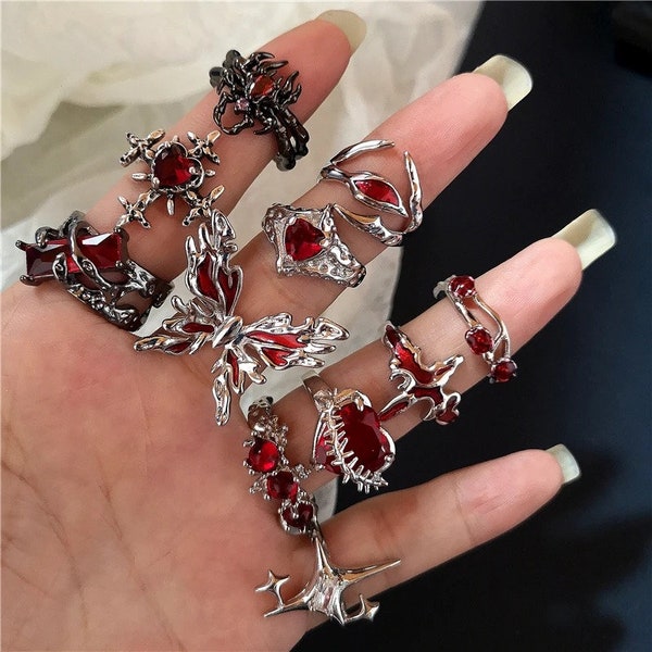 red crystal glass heart ring for women y2k gothic animal spider heart ring