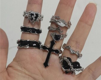 offener ring goth dornen schwarz silber unregelmäßiges herz kreuz für liebhaber vintage 90er jahre y2k grunge juwely unisex