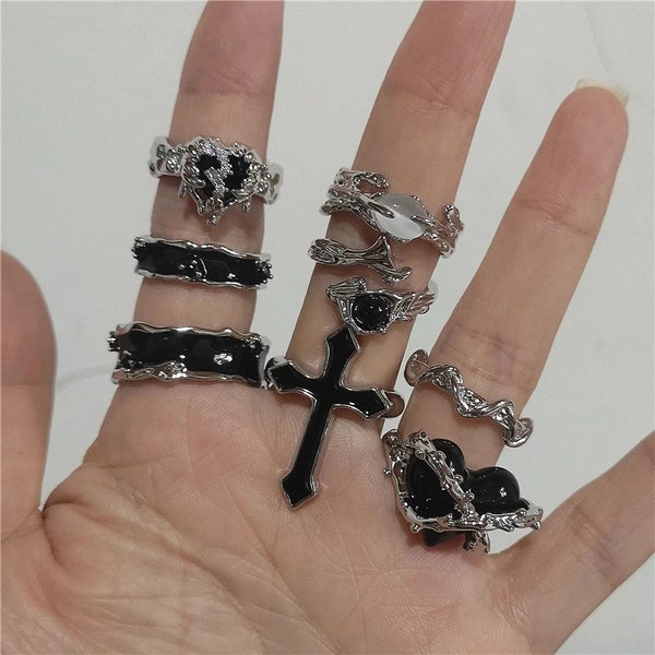 offener ring goth dornen schwarz silber unregelmäßiges herz kreuz für liebhaber vintage 90er jahre y2k grunge juwely unisex