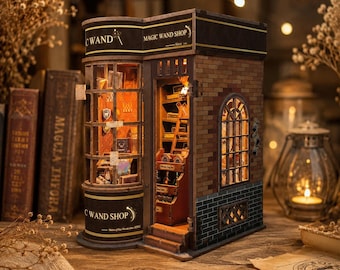 Magic Wand Shop DIY Book Nook Kit - Retro Wooden Miniature Bookshelf Insert - Cozy Fantasy Decor Gift for Book Lovers
