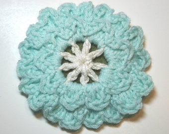 Handmade Teal and White Crochet Flower Pin