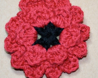Handmade Red and Black Poppy Crochet Flower Pin