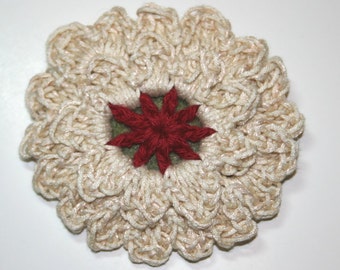 Handmade Burgundy and Cream Crochet Flower Pin