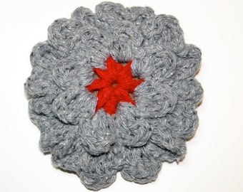 Handmade Scarlet and Grey Crochet Flower Pin