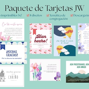 Puede incluir: Un conjunto de ocho tarjetas de felicitación JW imprimibles, cada una con diseños y temas únicos. Las tarjetas presentan arreglos florales, globos aerostáticos y mensajes inspiradores en español. Las tarjetas miden 5x7 pulgadas.