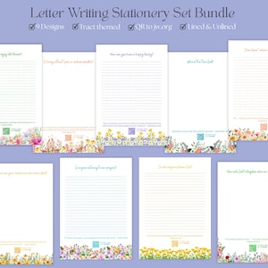 May include: A stationery set bundle with nine designs, lined and unlined. Each page has a floral border and a question at the top. The text "Letter Writing Stationery Set Bundle" is at the top.