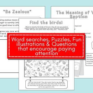 May include: A collection of black and white activity pages with text and illustrations. The pages include word searches, puzzles, and questions. The text on the pages includes "Be Zealous", "Find the birds!", and "The Meaning of Your Baptism".